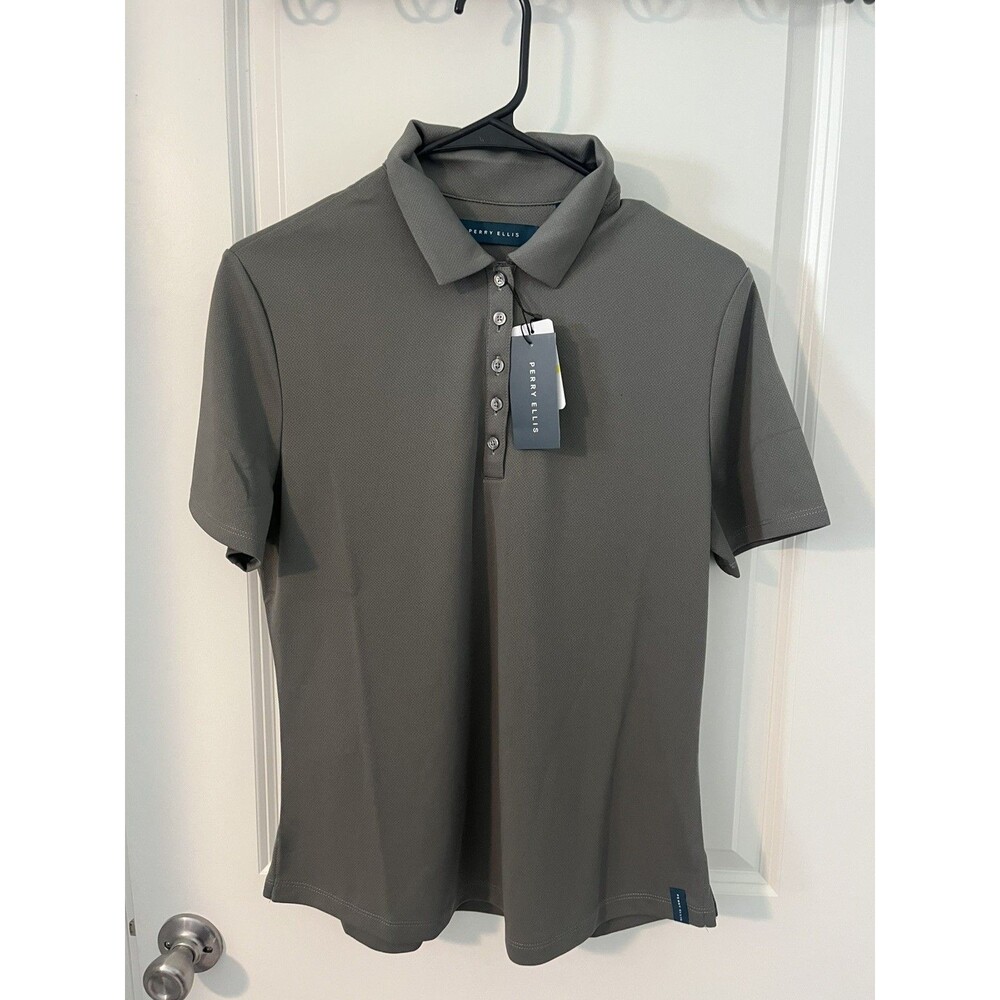 NWT Perry Ellis Womens Lightweight Classic Polo T-Shirt Smoked Pearl - Medium